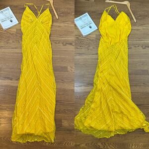 Scala Yellow Beaded Sequin Backless Gown